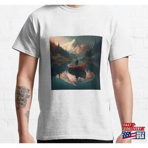 Over Jerome Lake A Man In Boat At Dusk Seen From The Mountain Classic Tshirt